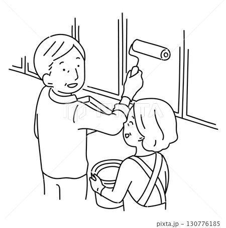 DIYを楽しむ老夫婦_線画 130776185
