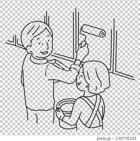 DIYを楽しむ老夫婦_線画 130776185