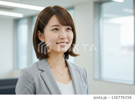 オフィスで笑顔の女性社員｜スーツ姿・キャリアウーマン・ビジネスシーンに使えるフリー素材写真 130776356