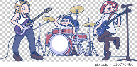 ギターとベースとドラムを演奏するバンドの女性たちのイラスト 130776466