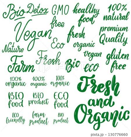Set of hand drawn lettering with organic food, eco food, fresh, natural, gluten free, bio food. Vector design element 130776660