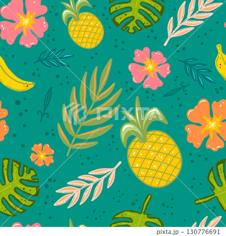 Seamless pattern with hand drawn tropical flowers. Vector illustration 130776691