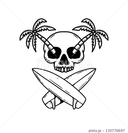 Skull with crossed surfers boards. Vector illustration Skull with crossed surfers boards. Vector illustration 130776697