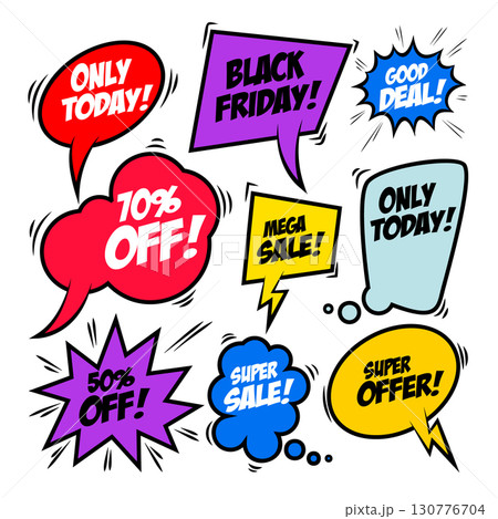 Set of bubbles, cloud talk, different shapes for Sale and Discount themes in comic style. Design elements in vector. 130776704