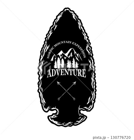 Camping emblem in arrowhead shape. Design element for poster, card, banner, emblem, sign. Vector illustration 130776720