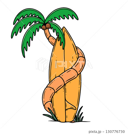 Surf club. Surfing board with palm. Bright summer illustration . for textiles, prints, for boy and girl 130776730