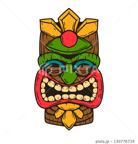 Tiki tribal wooden mask set and Tiki mug. Hawaiian traditional elements. Colored, wooden and black and white silhouette. Vector illustration 130776739