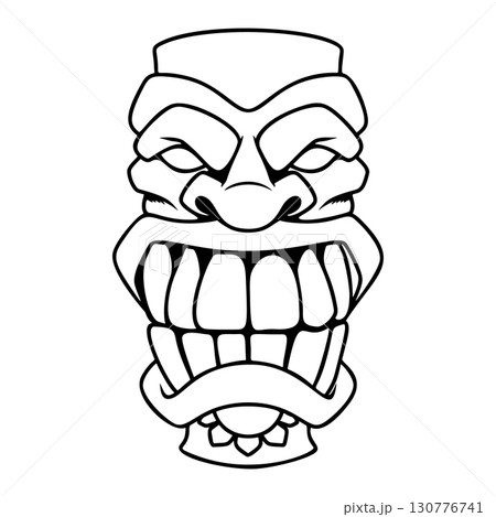 Tiki tribal wooden mask set and Tiki mug. Hawaiian traditional elements. Colored, wooden and black and white silhouette. Vector illustration 130776741