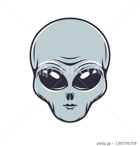 Illustration of alien head in engraving style. Design element for emblem, poster, card, banner, badge. Ufo. Vector illustration 130776759
