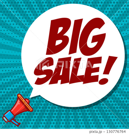 Big Sale!!! Comic style phrase on sunburst background. Design element for flyer, poster. 130776764