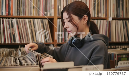 アナログレコード店でレコードを選ぶ女性 130776787