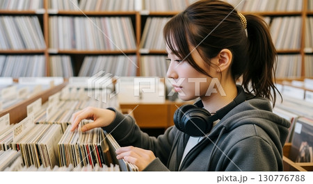 アナログレコード店でレコードを選ぶ女性 130776788