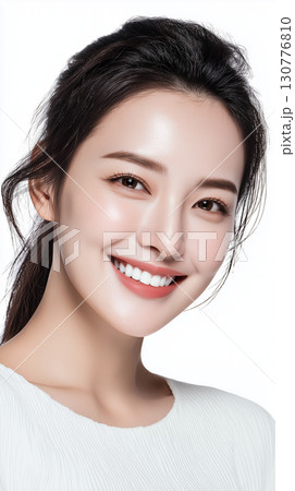 Smiling Korean woman with flawless skin in a bright setting showcasing natural beauty and confidence Smiling Korean woman with flawless skin in a bright setting showcasing natural beauty and confidence 130776810