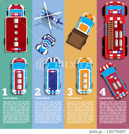 Illustration of different cars. View from above. Vector illustration. 130776897