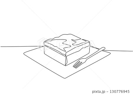 Continuous one line drawing coconut cream pie square shape on a square plate. Can be enjoyed with a fork. Deliciousness. National Coconut Cream Pie Day. Single line draw design vector illustration 130776945