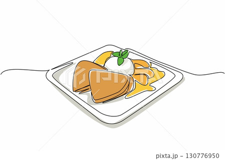 Continuous one line drawing crepe suzette served with orange marmalade and vanilla ice cream. Desserts that will makes full. National Crepe Suzette Day. Single line draw design vector illustration 130776950