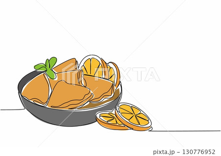 Single continuous line drawing crepe suzette with orange slices and leaves on a black round plate. Delicious dessert menu. Freshness. National Crepe Suzette Day. One line design vector illustration 130776952