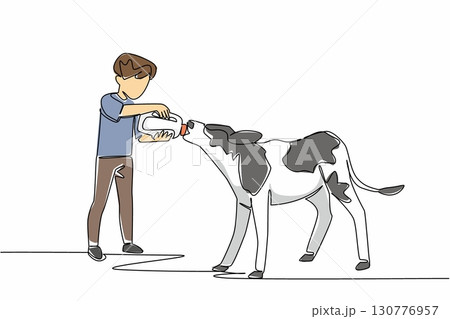 Single one line drawing boy holding a large milk bottle and giving it to a calf. Learn to be a good farmer. Be patient and diligent. National Open Farm Day. Continuous line design graphic illustration Single one line drawing boy holding a large milk bottle and giving it to a calf. Learn to be a good farmer. Be patient and diligent. National Open Farm Day. Continuous line design graphic illustration 130776957