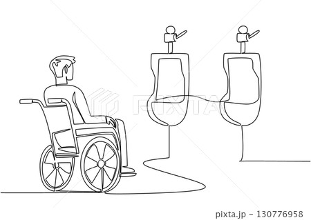 Single one line drawing a man sitting in a wheelchair looking at 2 urinals. A building that is not friendly to the disabled. National Barrier Awareness Day. Continuous line design graphic illustration 130776958