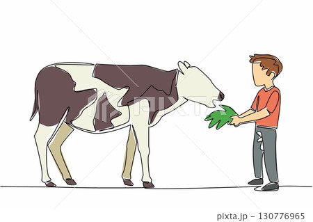 Single continuous line drawing a boy holds grass in his hand and gives it to the calf. Learn directly to the farm. Learn with the experts. National Open Farm Day. One line design vector illustration Single continuous line drawing a boy holds grass in his hand and gives it to the calf. Learn directly to the farm. Learn with the experts. National Open Farm Day. One line design vector illustration 130776965