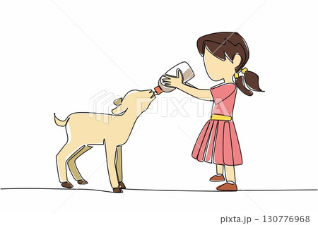 Single continuous line drawing girl holding a milk bottle in her hand and giving it to the lamb. The best milk for the growth of lambs. National Open Farm Day. One line design vector illustration Single continuous line drawing girl holding a milk bottle in her hand and giving it to the lamb. The best milk for the growth of lambs. National Open Farm Day. One line design vector illustration 130776968