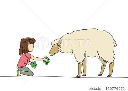 Continuous one line drawing girl holds a handful of grass in her hand and gives it to the sheep. Providing the best grass feed. National Open Farm Day. Single line draw design vector illustration 130776972