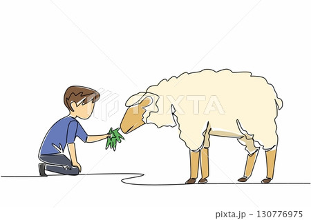 Continuous one line drawing boy holds a handful of grass in his hand and gives it to the sheep. The best food for the best wool. National Open Farm Day. Single line draw design vector illustration 130776975