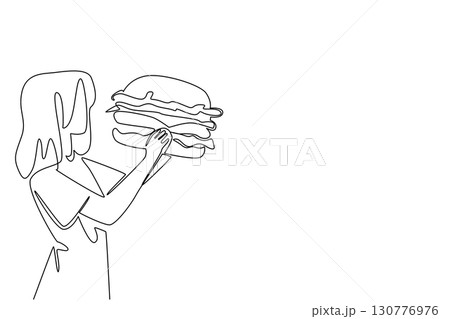 Single one line drawing a woman eating a large burger. Will be full when eating in large portions. Hobby eating. The greedy woman. National No Diet Day. Continuous line design graphic illustration 130776976