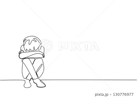 Single one line drawing boy sitting on the floor with head bowed. The worst sadness is failing to get the best grades. Childhood Depression Awareness Day. Continuous line design graphic illustration 130776977
