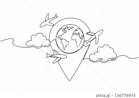 Single continuous line drawing pin location in the middle is a globe with several airplanes and clouds around it. Technology helps travelers. National Tourism Day. One line design vector illustration Single continuous line drawing pin location in the middle is a globe with several airplanes and clouds around it. Technology helps travelers. National Tourism Day. One line design vector illustration 130776978