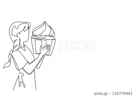 Continuous one line drawing a woman eating a large cupcake. The lover of sweet food with jumbo portions. Relieve stress by eating. National No Diet Day. Single line draw design vector illustration 130776981