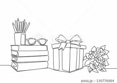 Continuous one line drawing corner of table with stack of books and gift box plus bouquet of flowers. Surprise gifts from students. National Day of Teacher. Single line draw design vector illustration Continuous one line drawing corner of table with stack of books and gift box plus bouquet of flowers. Surprise gifts from students. National Day of Teacher. Single line draw design vector illustration 130776984
