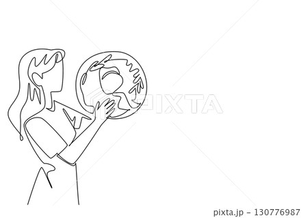 Continuous one line drawing a woman eating a large donut. The donut lover with any flavor. Jumbo size makes it feel full faster. National No Diet Day. Single line draw design vector illustration 130776987