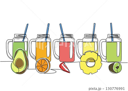 Single continuous line drawing 5 glass mugs with straws in each mug. Order fresh drinks online. Easier. Anti spill. Warming up the atmosphere. National Beverage Day One line design vector illustration 130776991