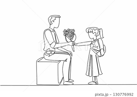 Single continuous line drawing female student gives bouquet of flowers to the teacher sitting on bench. A sincere expression of gratitude. National Day of Teacher. One line design vector illustration Single continuous line drawing female student gives bouquet of flowers to the teacher sitting on bench. A sincere expression of gratitude. National Day of Teacher. One line design vector illustration 130776992