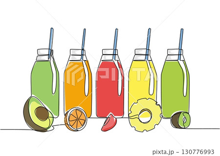 Single one line drawing 5 glass bottles with straws in each bottle. Refreshing drinks with various flavors. Perfect for summer. National Beverage Day. Continuous line design graphic illustration Single one line drawing 5 glass bottles with straws in each bottle. Refreshing drinks with various flavors. Perfect for summer. National Beverage Day. Continuous line design graphic illustration 130776993
