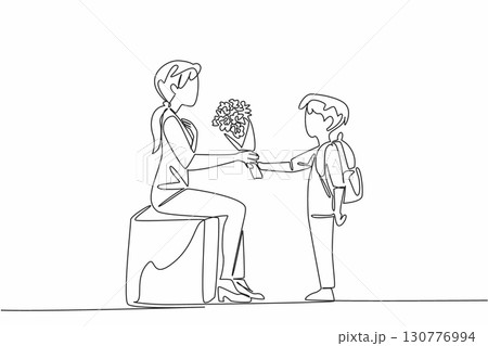 Single one line drawing a male student gives bouquet of flowers to the teacher sitting on bench. Second class promotion prize. National Day of Teacher. Continuous line design graphic illustration Single one line drawing a male student gives bouquet of flowers to the teacher sitting on bench. Second class promotion prize. National Day of Teacher. Continuous line design graphic illustration 130776994