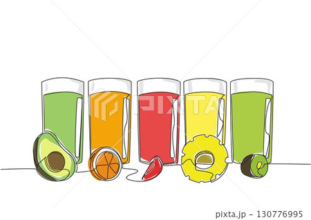 Single one line drawing 5 glass cups with straws in each cup. Fresh juice in the afternoon. Anti hot drink in summer. Freshness. National Beverage Day. Continuous line design graphic illustration Single one line drawing 5 glass cups with straws in each cup. Fresh juice in the afternoon. Anti hot drink in summer. Freshness. National Beverage Day. Continuous line design graphic illustration 130776995