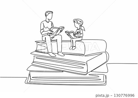 Single continuous line drawing a male teacher and female student sitting and holding books in pile of thick books. Additional lessons. National Day of Teacher. One line design vector illustration 130776996