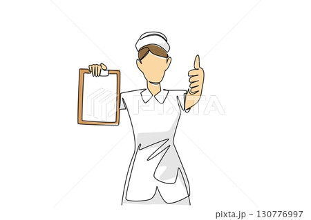 Continuous one line drawing female nurse with nurse cap holding clipboard and making thumbs up gesture. Allowed to go home. Healthy. National Nurses Day. Single line draw design vector illustration Continuous one line drawing female nurse with nurse cap holding clipboard and making thumbs up gesture. Allowed to go home. Healthy. National Nurses Day. Single line draw design vector illustration 130776997
