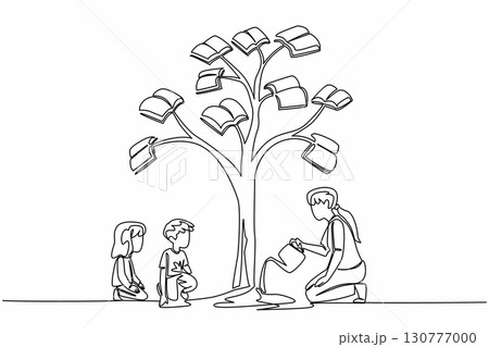 Continuous one line drawing female teacher watering a tree whose leaves are in the form of books. Cultivate a hobby of reading. National Day of Teacher. Single line draw design vector illustration Continuous one line drawing female teacher watering a tree whose leaves are in the form of books. Cultivate a hobby of reading. National Day of Teacher. Single line draw design vector illustration 130777000