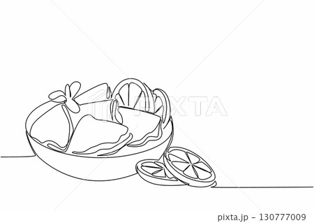 Single continuous line drawing crepe suzette with orange slices and leaves on a black round plate. Delicious dessert menu. Freshness. National Crepe Suzette Day. One line design vector illustration Single continuous line drawing crepe suzette with orange slices and leaves on a black round plate. Delicious dessert menu. Freshness. National Crepe Suzette Day. One line design vector illustration 130777009