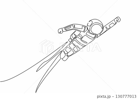 Single one line drawing astronaut flying using jetpack. Technology that makes things easier. Collecting data faster. The cosmonaut. National Astronaut Day. Continuous line design graphic illustration 130777013