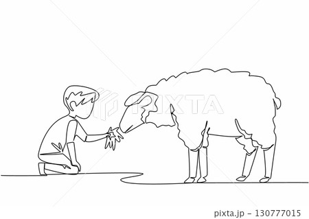 Continuous one line drawing boy holds a handful of grass in his hand and gives it to the sheep. The best food for the best wool. National Open Farm Day. Single line draw design vector illustration Continuous one line drawing boy holds a handful of grass in his hand and gives it to the sheep. The best food for the best wool. National Open Farm Day. Single line draw design vector illustration 130777015