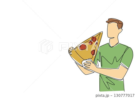 Continuous one line drawing a man eats a large slice of pizza. Without thinking about health. Always eat in large portions. Greedy. National No Diet Day. Single line draw design vector illustration 130777017