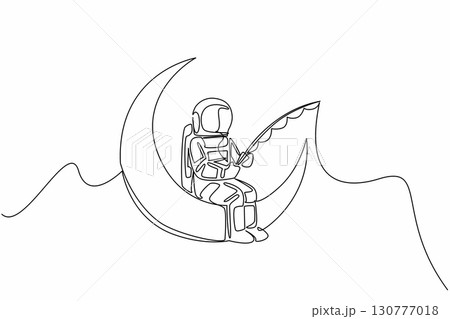 Single one line drawing astronaut fishing while sitting on the crescent moon. Relaxing. Spending free time. Off duty. The cosmonaut. National Astronaut Day. Continuous line design graphic illustration Single one line drawing astronaut fishing while sitting on the crescent moon. Relaxing. Spending free time. Off duty. The cosmonaut. National Astronaut Day. Continuous line design graphic illustration 130777018