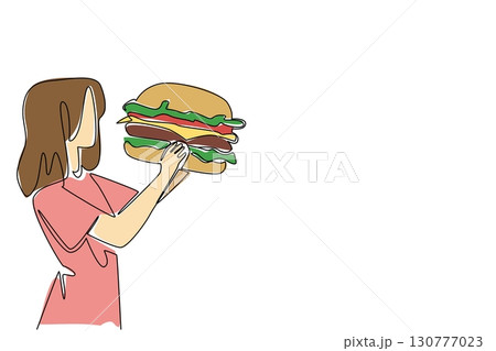 Single one line drawing a woman eating a large burger. Will be full when eating in large portions. Hobby eating. The greedy woman. National No Diet Day. Continuous line design graphic illustration 130777023