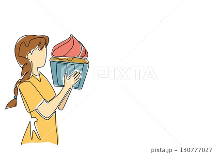 Continuous one line drawing a woman eating a large cupcake. The lover of sweet food with jumbo portions. Relieve stress by eating. National No Diet Day. Single line draw design vector illustration Continuous one line drawing a woman eating a large cupcake. The lover of sweet food with jumbo portions. Relieve stress by eating. National No Diet Day. Single line draw design vector illustration 130777027