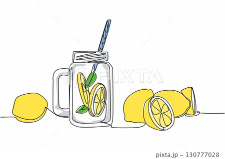 Single one line drawing lemonade, lemon slices and leaves in a mug. Simple healthy drink recipes to maintain body immunity. Sweet. National Lemonade Day. Continuous line design graphic illustration Single one line drawing lemonade, lemon slices and leaves in a mug. Simple healthy drink recipes to maintain body immunity. Sweet. National Lemonade Day. Continuous line design graphic illustration 130777028