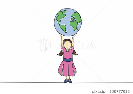 Single one line drawing a girl holds up a large globe. The world is more colorful without violence against girls. Protect her rights. Day of Children. Continuous line design graphic illustration Single one line drawing a girl holds up a large globe. The world is more colorful without violence against girls. Protect her rights. Day of Children. Continuous line design graphic illustration 130777036